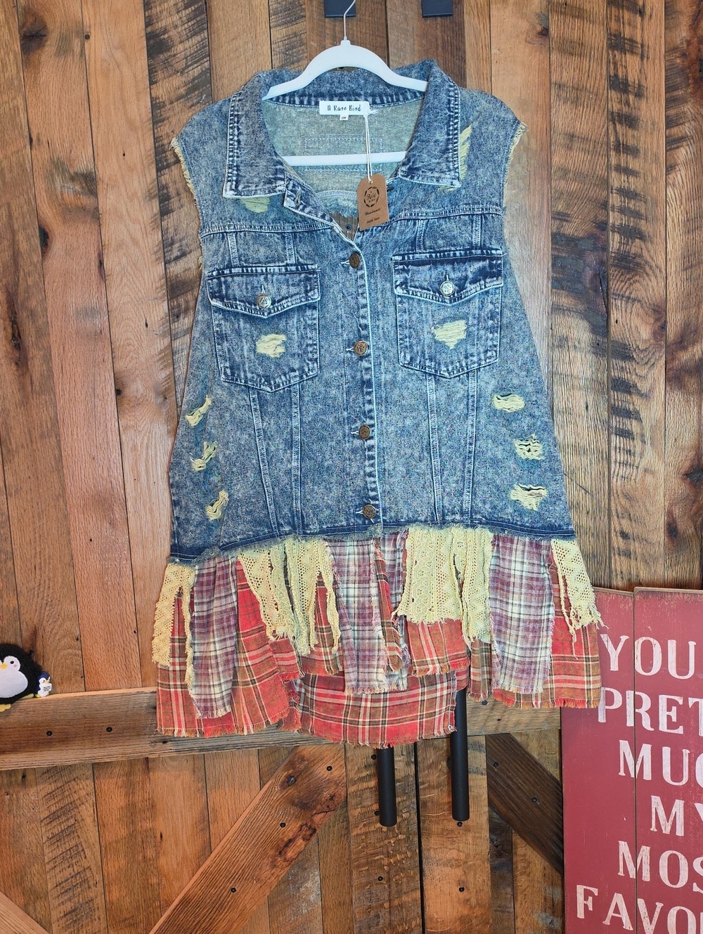 189p A Rare Bird Blue Distressed Denim Vest Plaid And Lace
